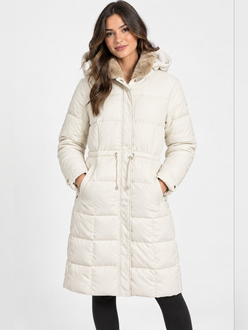 Jessica Simpson Cream Long Hooded Puffer Coat with Faux-Fur Trim Water Proof.